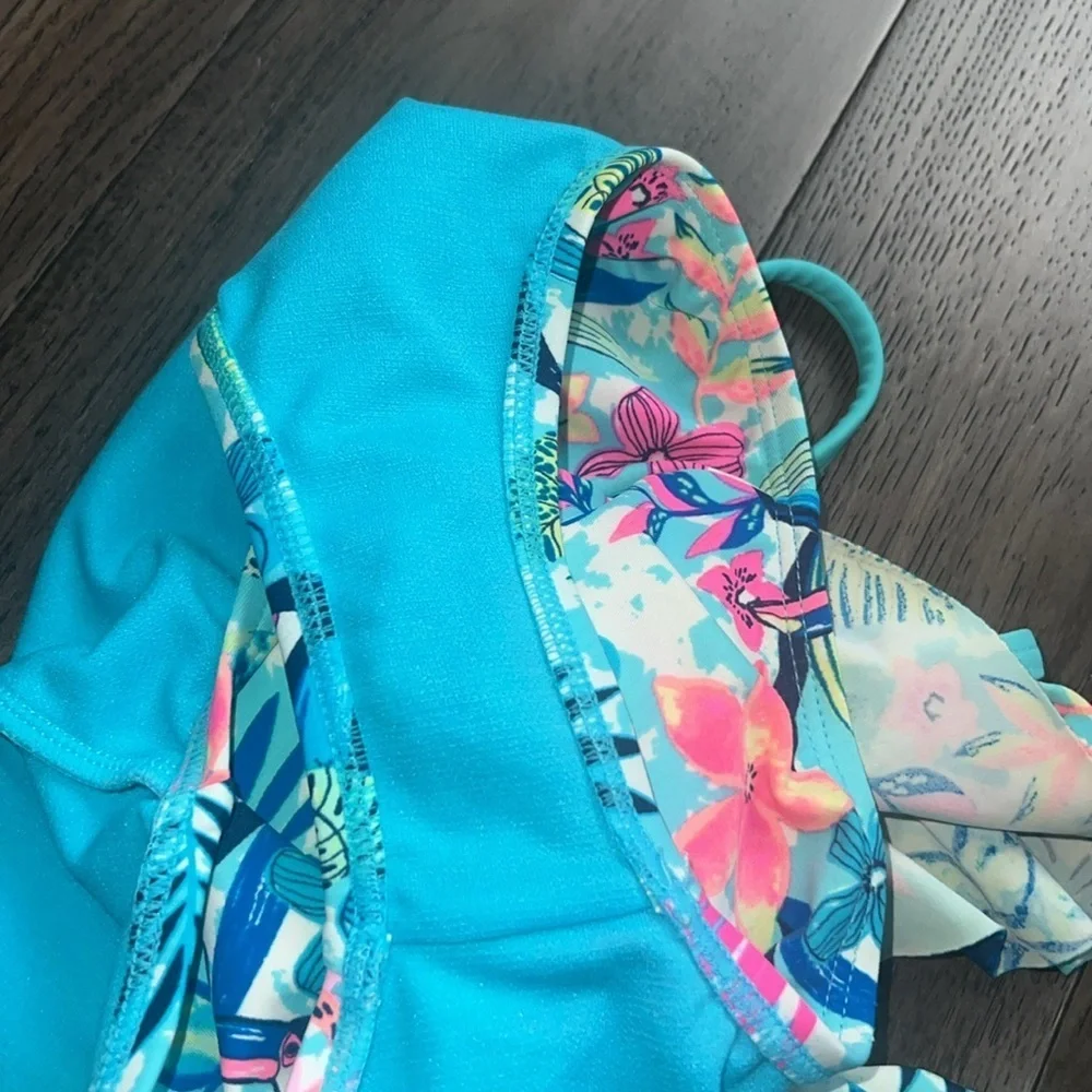 Toddler girl off shoulder ruffle top floral tropical low back swimsuit